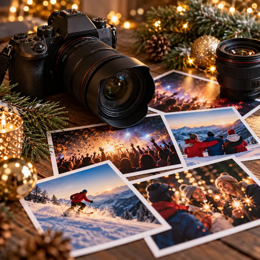 Фотоаппарат и напечатанные снимки с зимнего праздника на новогоднем столе